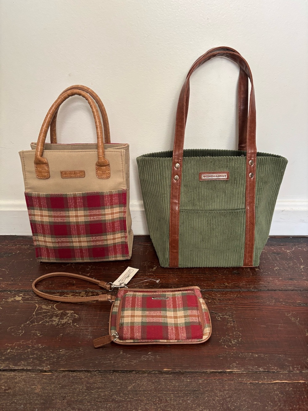 Longaberger Orchard Plaid Green Corduroy Tote Lunch Wristlet Set